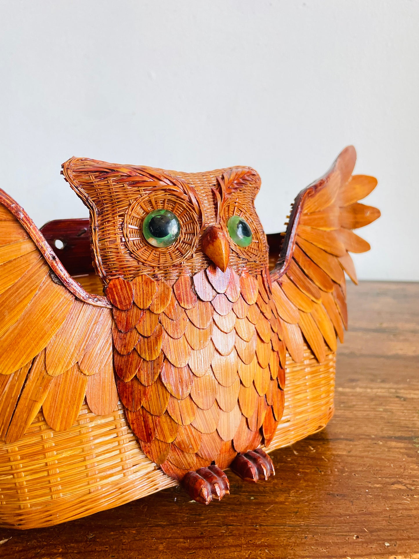 Vintage 1970s Wicker Wood Owl Wall Pocket Basket - Can Stand or Hang on Wall - 15" Wingspan - No Shipping