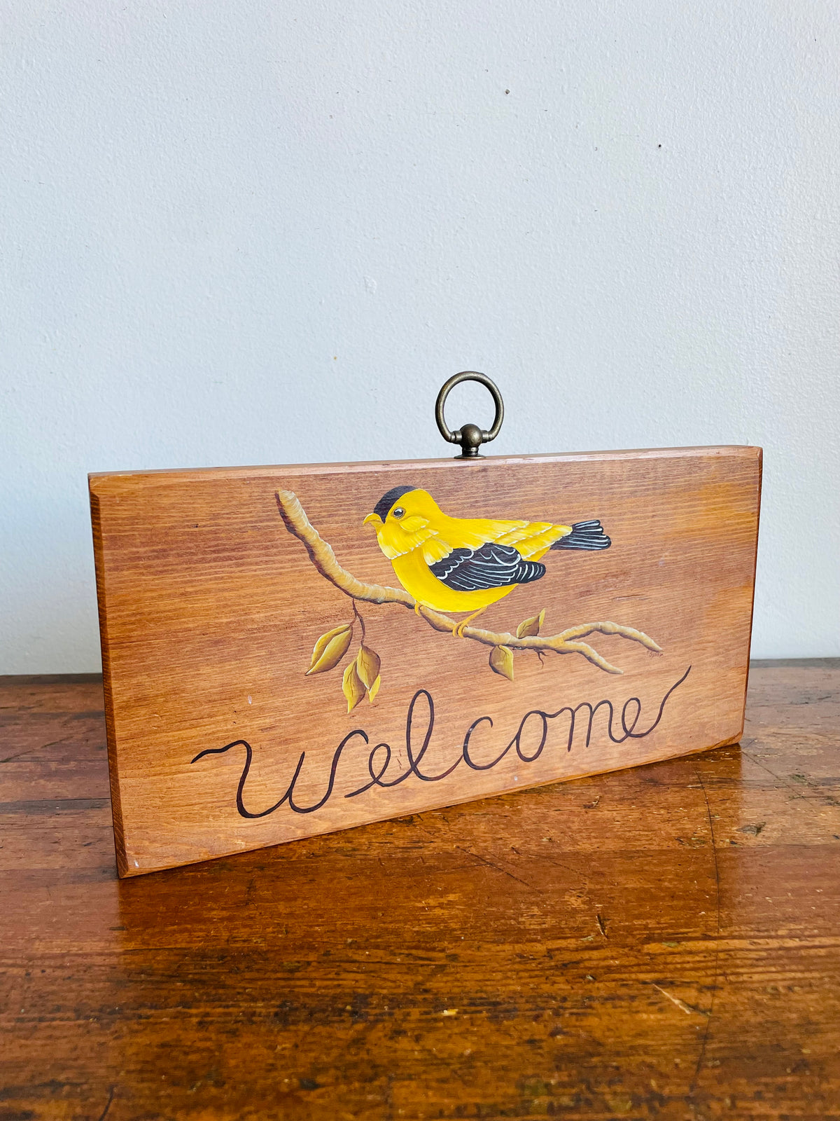 Vintage Wood Welcome Sign with Hand Painted Yellow Bird Design