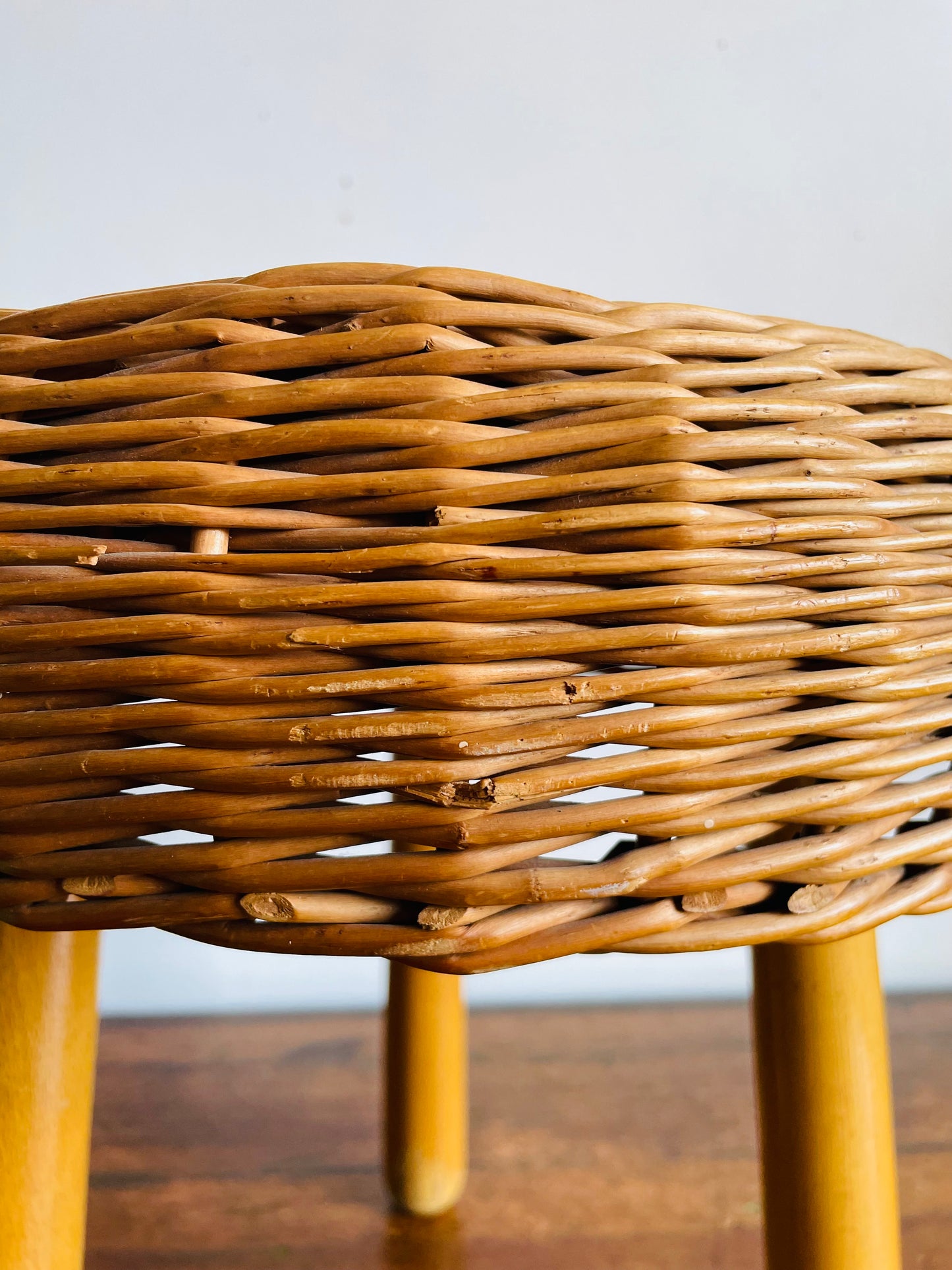 Vintage Mid-Century Modern Tony Paul Attributed Style Wood & Wicker Footrest Stool or Small Side Table with Tripod Spindle Legs