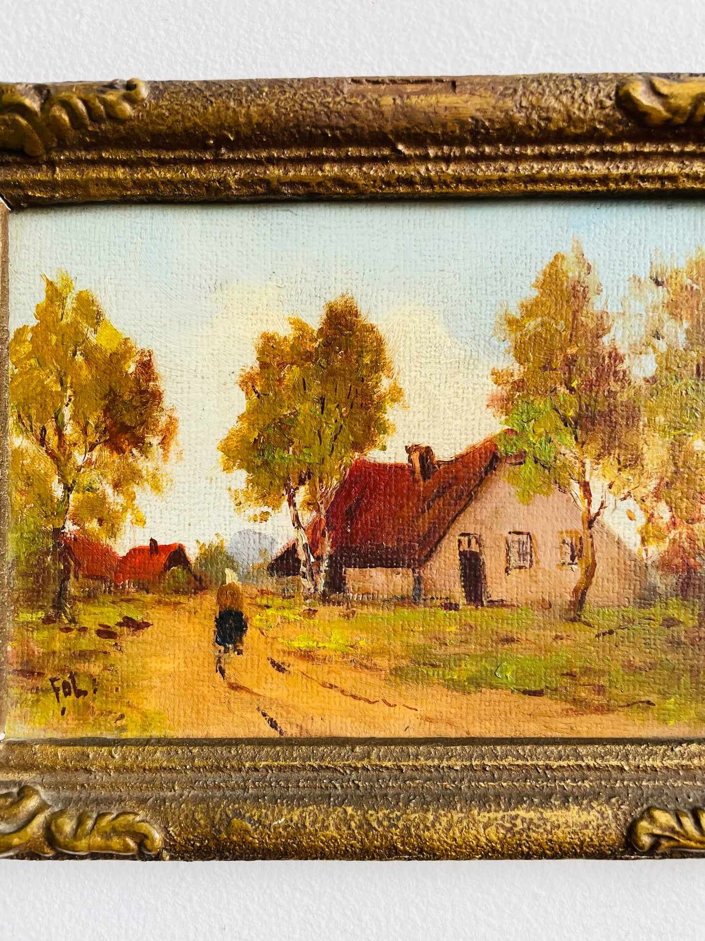 Vintage Original Art Painting in Gold Frame - European Rural Countryside Scene with Houses & Woman Walking Down Lane - Artist Signed
