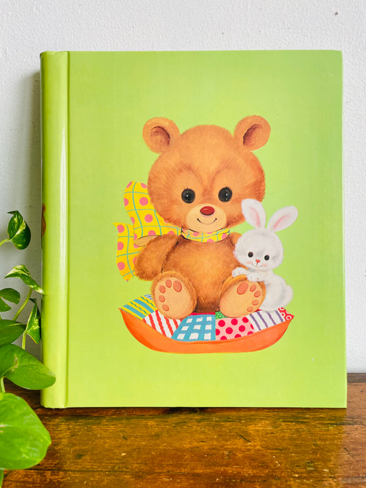 Vintage 1980 Adorable Green 12 Page Photo Album or Scrapbook with Teddy Bear & Bunny Rabbit Design - Made in Canada