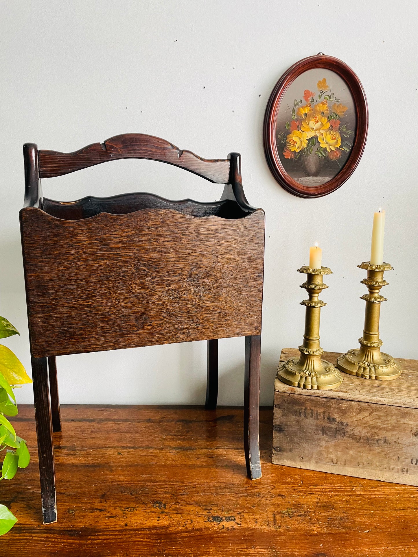 Vintage Standing Wood Magazine / Newspaper / Sheet Music / Book Rack Holder with Handle - Also Great for Knitting Supplies! - No Shipping