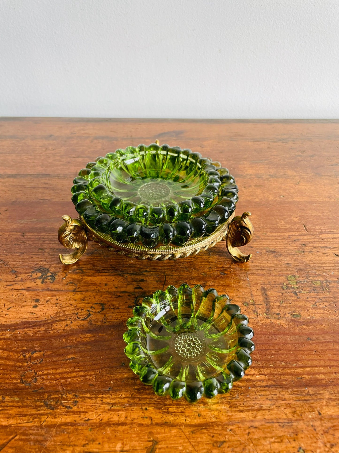 Hazel Atlas Green Glass Nesting Flower Ashtrays or Trinket Dishes in Solid Brass Holder - Set of 4 Pieces