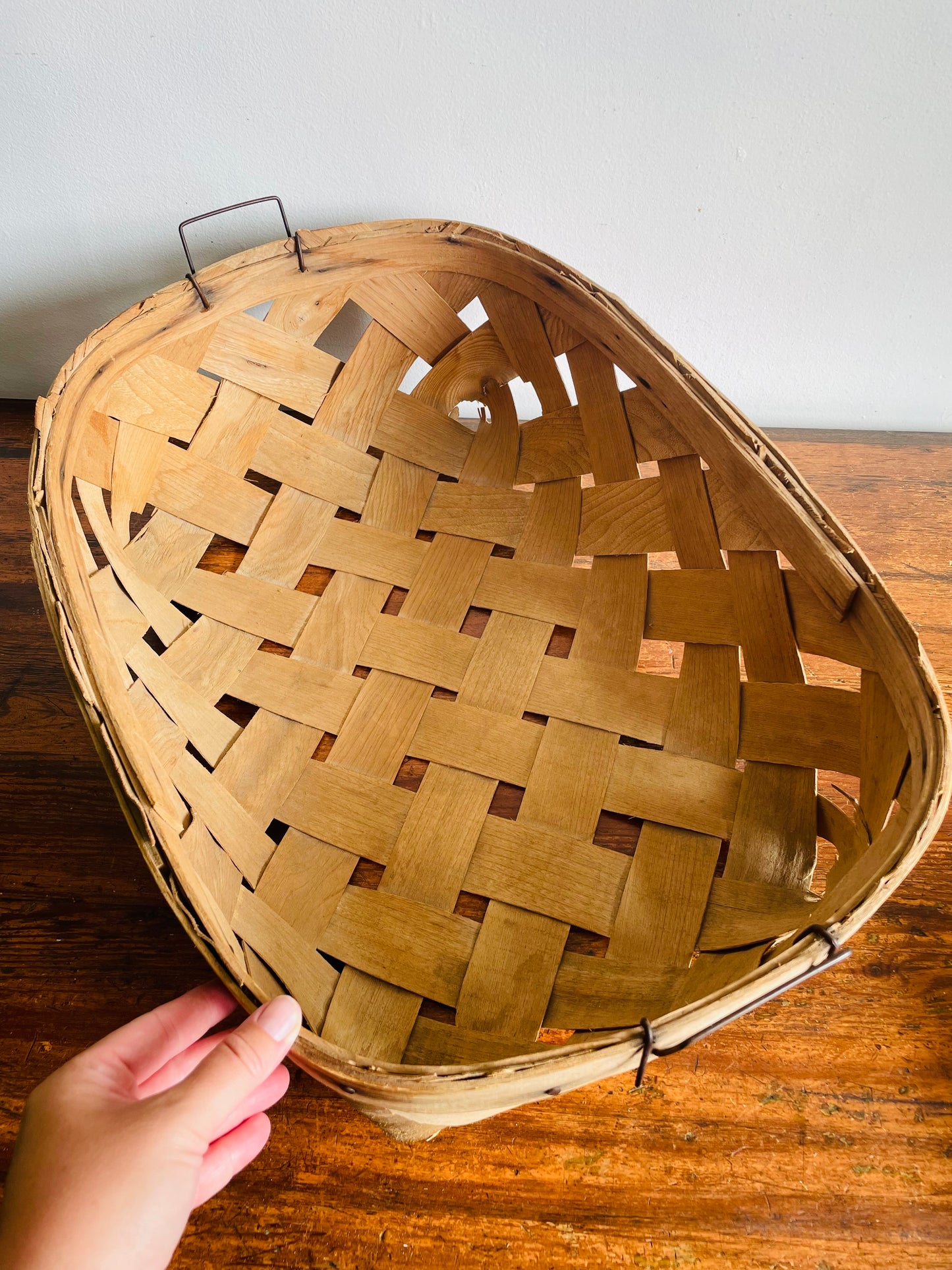 Vintage Oval Woven Wood Wide Slat Basket with Metal Handles - Great Storage & Can Hang Too!