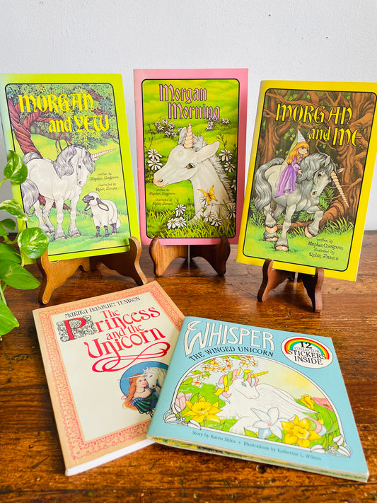 Vintage 1980s Unicorn Fantasy Themed Book Bundle - Set of 5 Books & 12 Collector Stickers