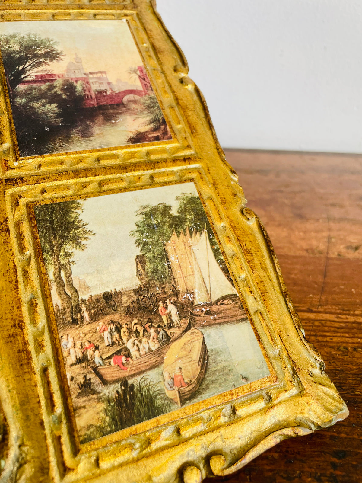 Vintage Italian Florentine Gold-Gilt Triple Landscape Wall Plaque Picture with European Art Print Scenes