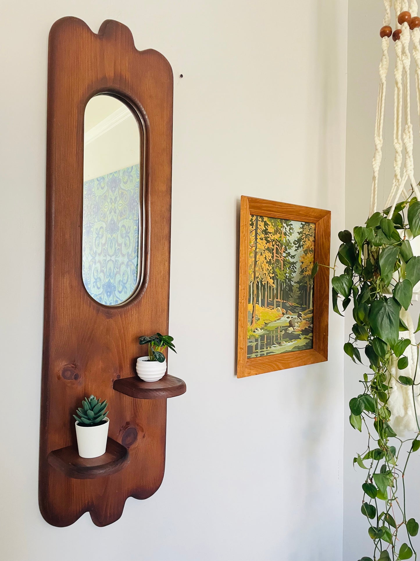 Vintage Organic Wavy Shaped Wood Mirror with Two Shelf Ledges - 3.5 Feet Long - No Shipping