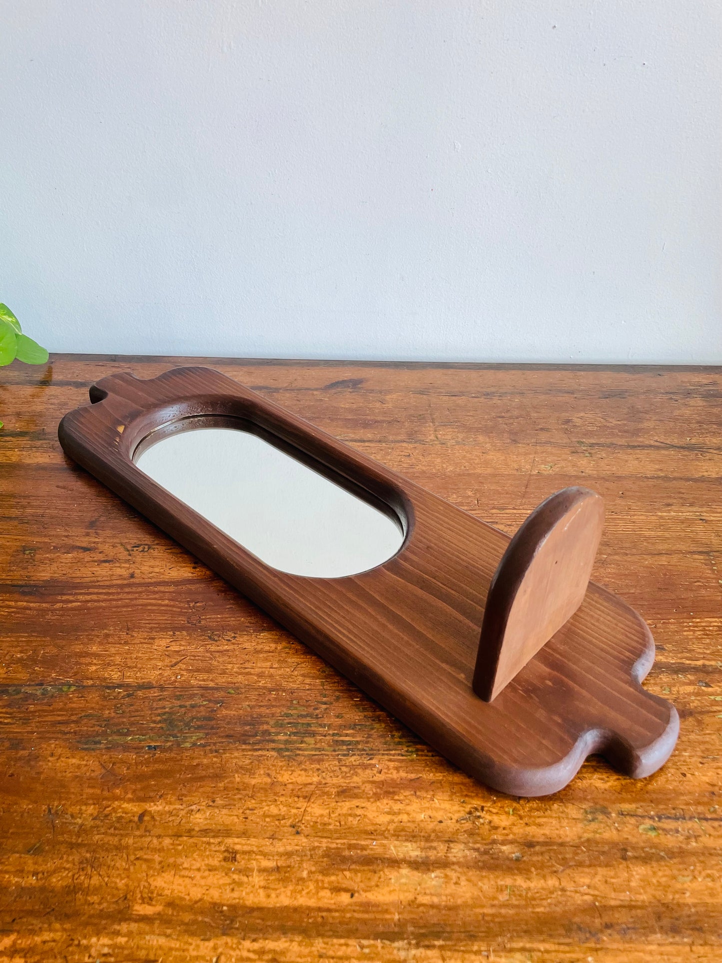 Vintage Organic Wavy Shaped Wood Mirror with Shelf Ledge #1 - 2 Feet Long - No Shipping