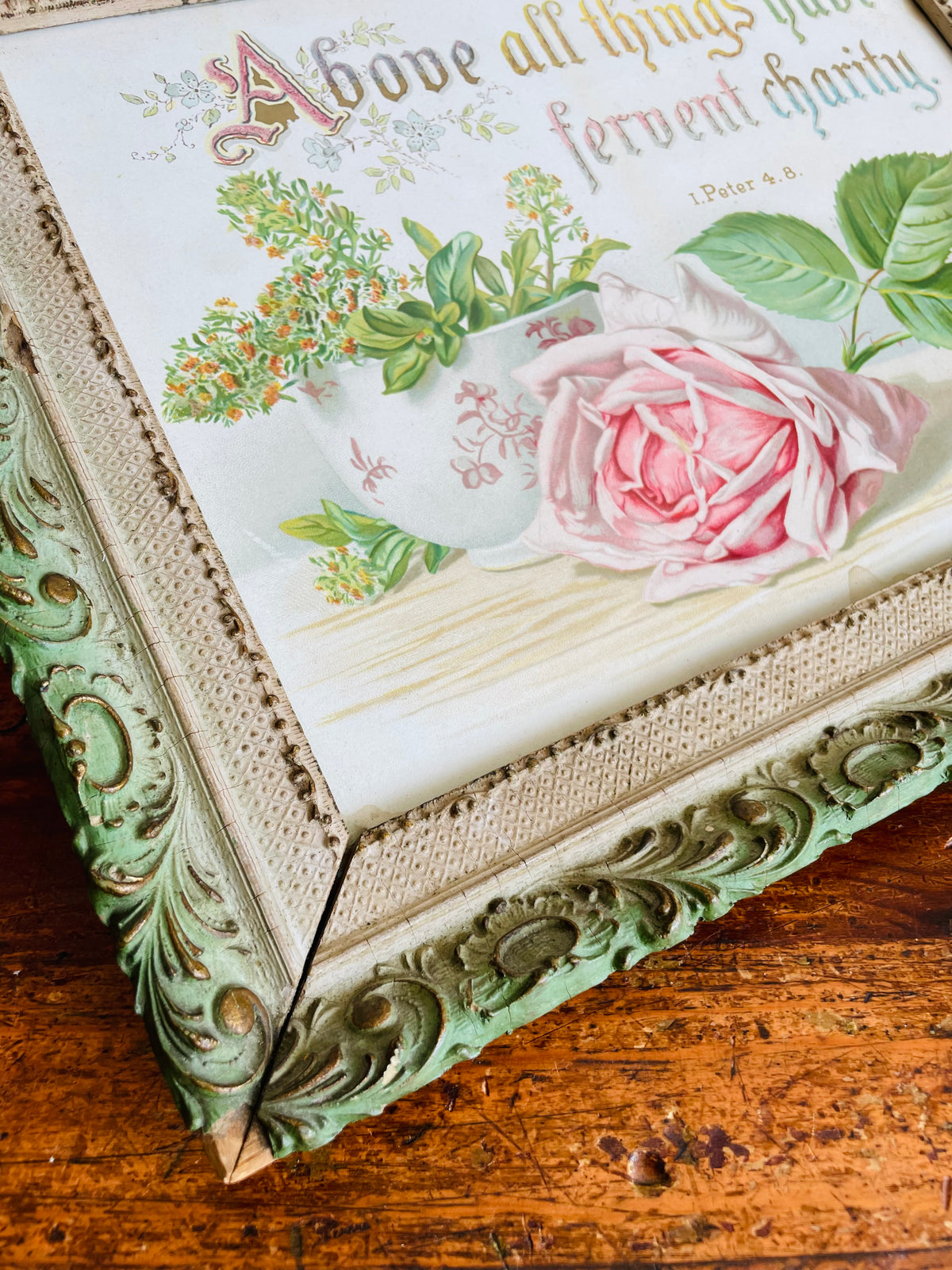 Antique 1891 Botanical Pink Rose Print Picture with Bible Verse I Peter 4.8 - Above All Things Have Fervent Charity - Ornate Wood Frame - 135 Years Old!
