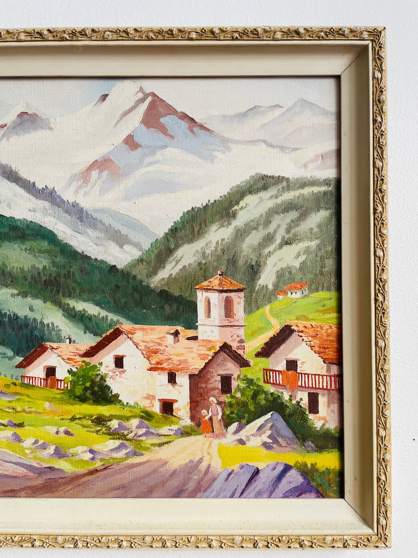 Vintage 1954 Original Art Painting Picture - Swiss Alps Mountain Scene with House & Woman Walking with Little Girl - Artist Signed