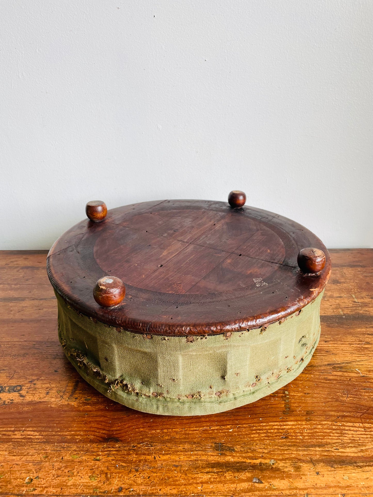Antique Round Green Straw Stuffed Footstool with Solid Wood Base & Knob Feet