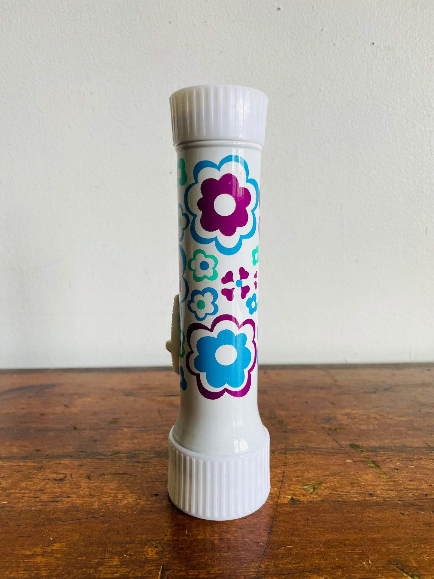 Vintage Rose Brand White Metal Flashlight with Purple, Blue & Green Flower Power Design - Made in Hong Kong - Tested / Works!