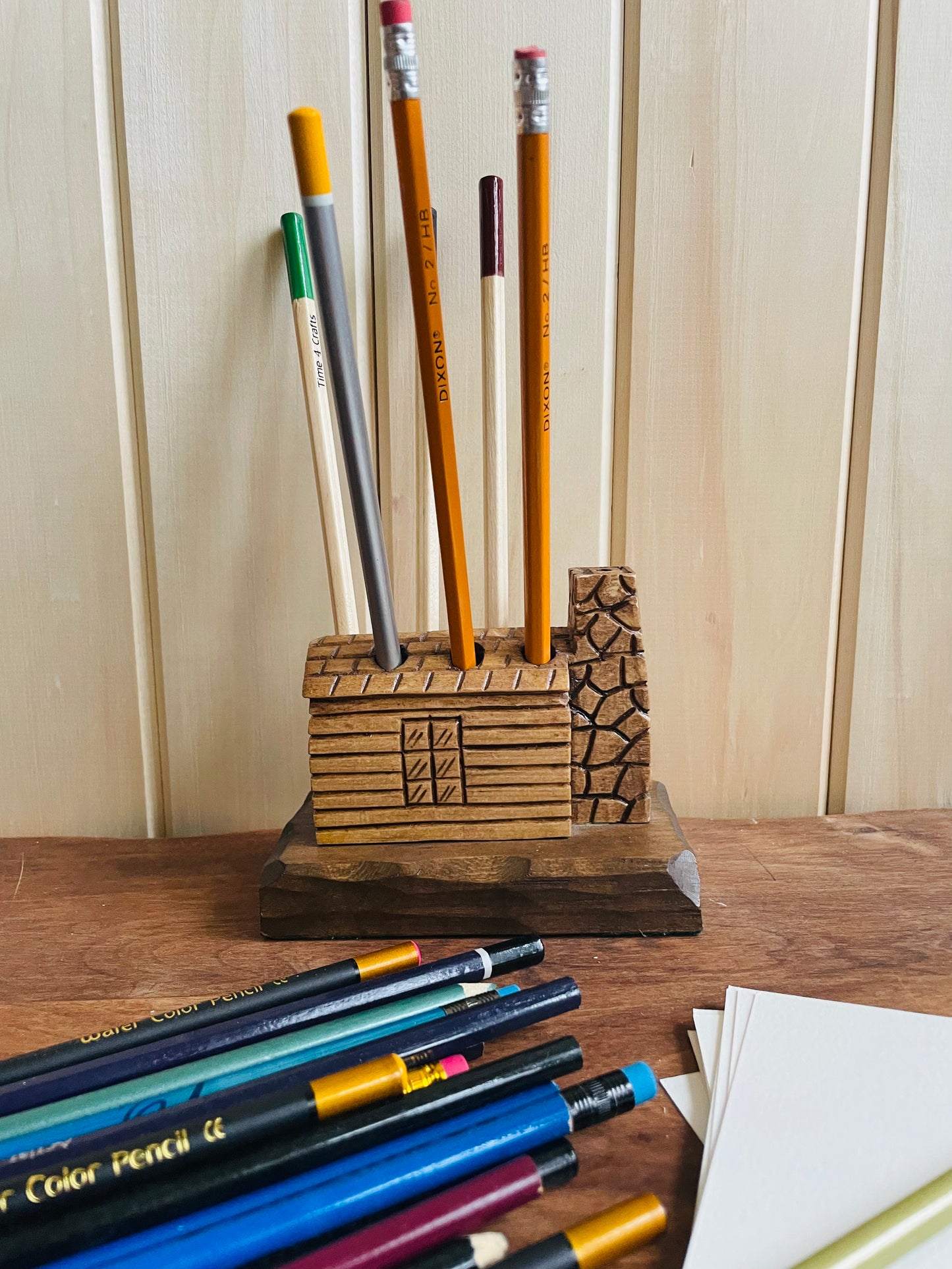 Handmade Carved Wood Log Cabin Pen or Pencil Holder