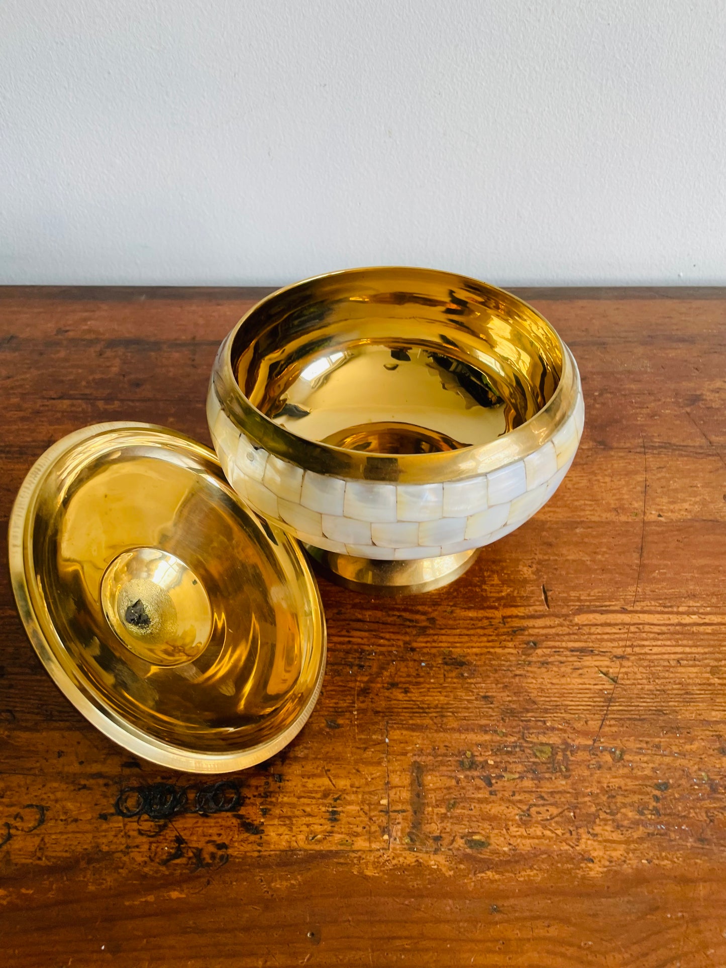 Beautiful Brass Pedestal Bowl with Lid & Inlaid Mother of Pearl Tiles