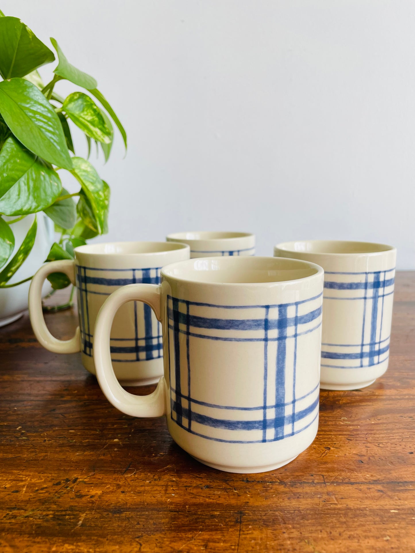 Eaton Home Blue Checkered Tartan Pattern Mugs - Set of 4 - # 2