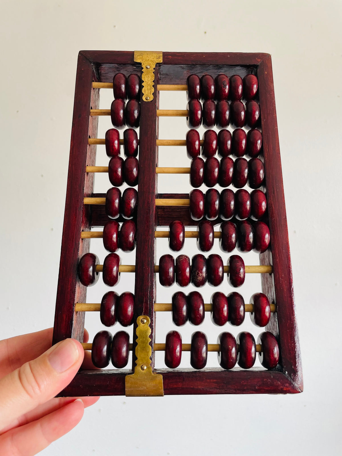 Vintage Red Lion Brand Chinese Suanpan Wood Abacus with Brass Details