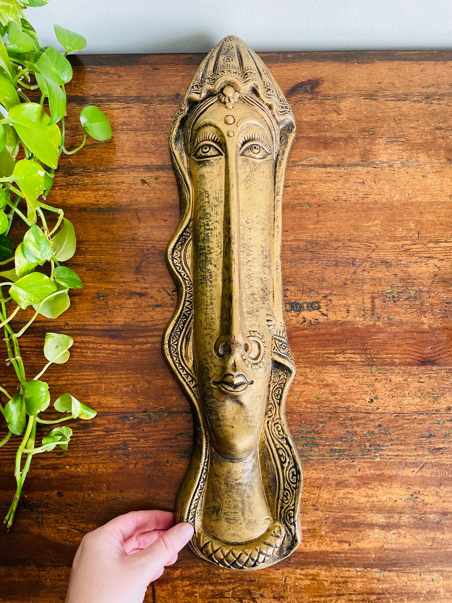 Vintage Stunning Long & Narrow Terracotta Clay Painted Gold Wall Hanging Face Sculpture - No Shipping