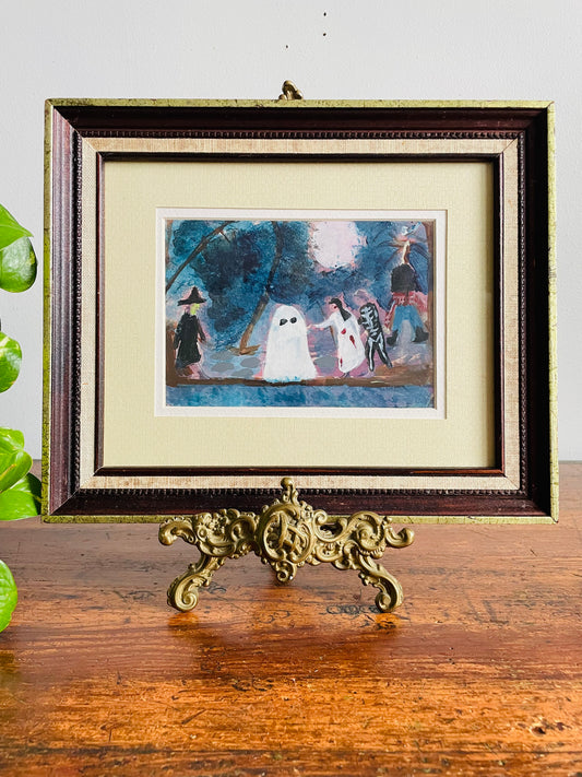 Vintage Original Art Painting of Halloween Scene with Children in Costumes - Painted Over A Different Picture - Read Description for Full Story!