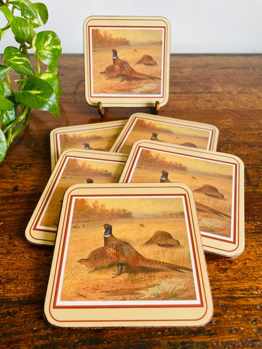 Vintage Royal Table Cork-Backed Coasters with Pheasant Bird Design #1 - Set of 6