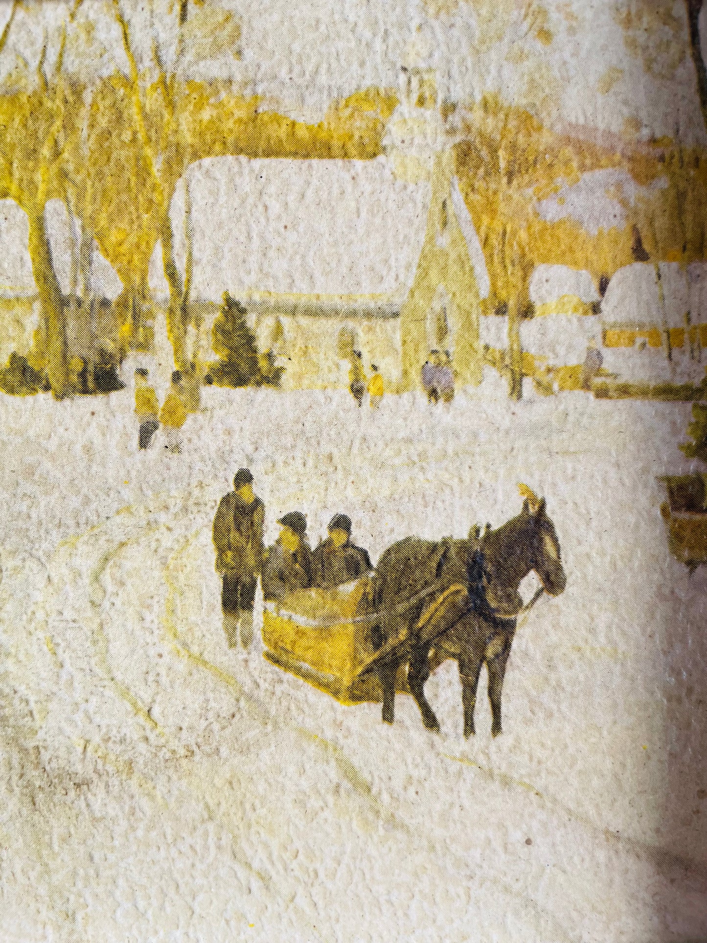 Snowy Winter Village Scene Print with Horse Drawn Sleigh Set Into Deep Wood Frame