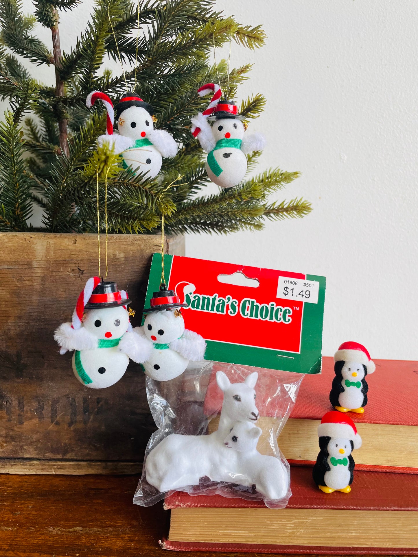 Vintage Collection of Flocked Christmas Ornaments & Figurines - Snowmen, Penguins & Deer - Set of 7