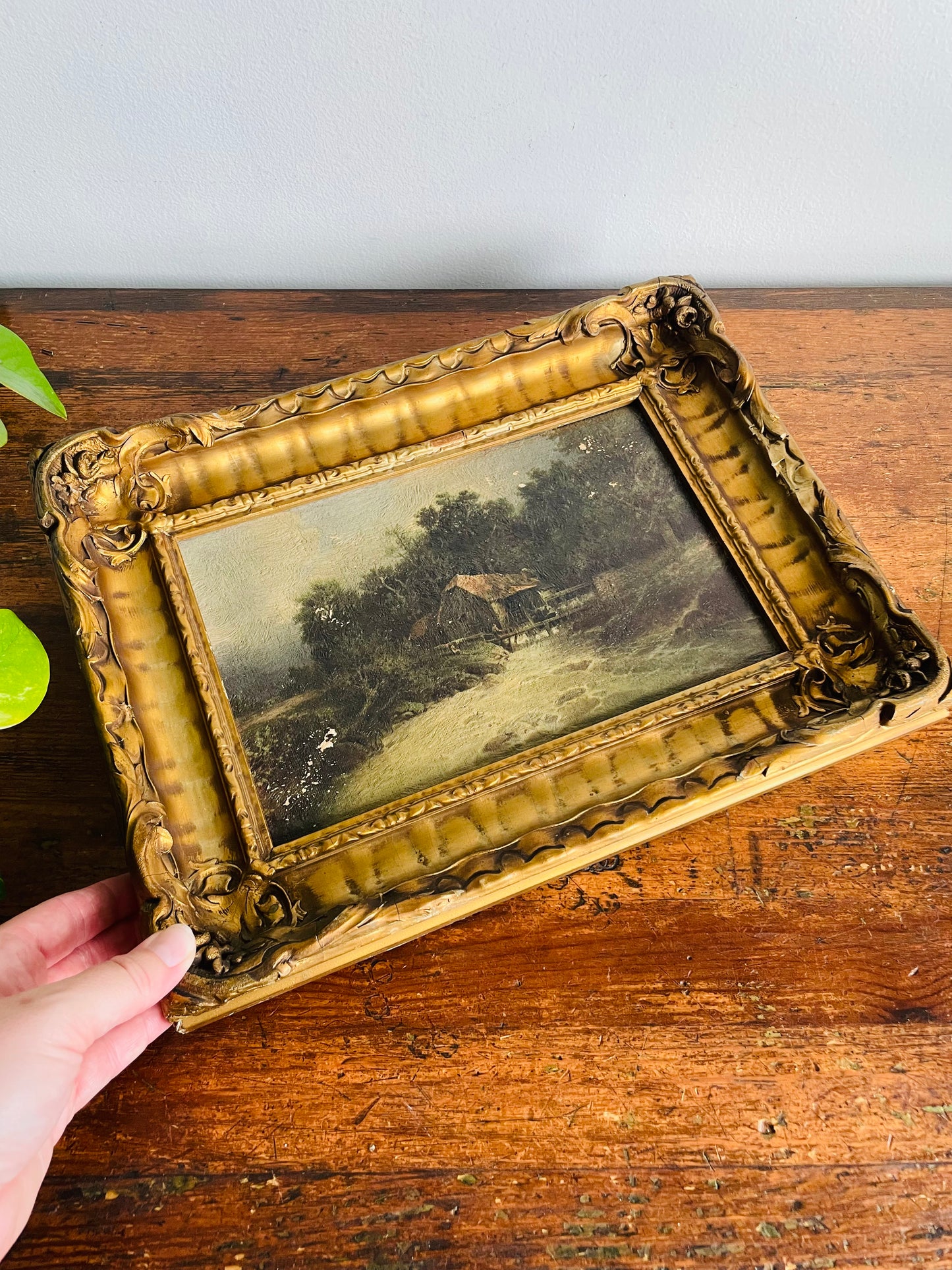 Antique Frank G. Hart's Oil Painting Facsimile Picture in Ornate Gold Frame - "The Old Watermill"