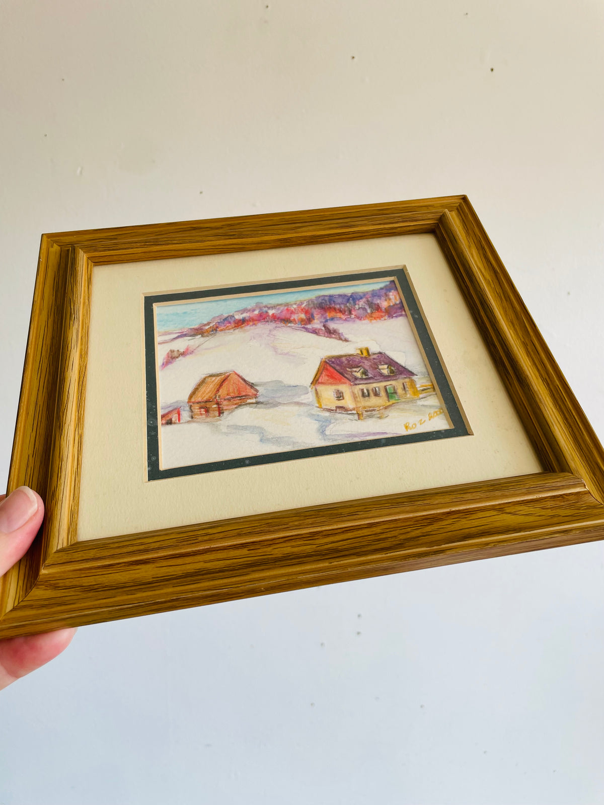 Vintage 2000 Original Art Watercolour Painting of Winter Forest & Houses in Snow Scene - Artist Signed Roz