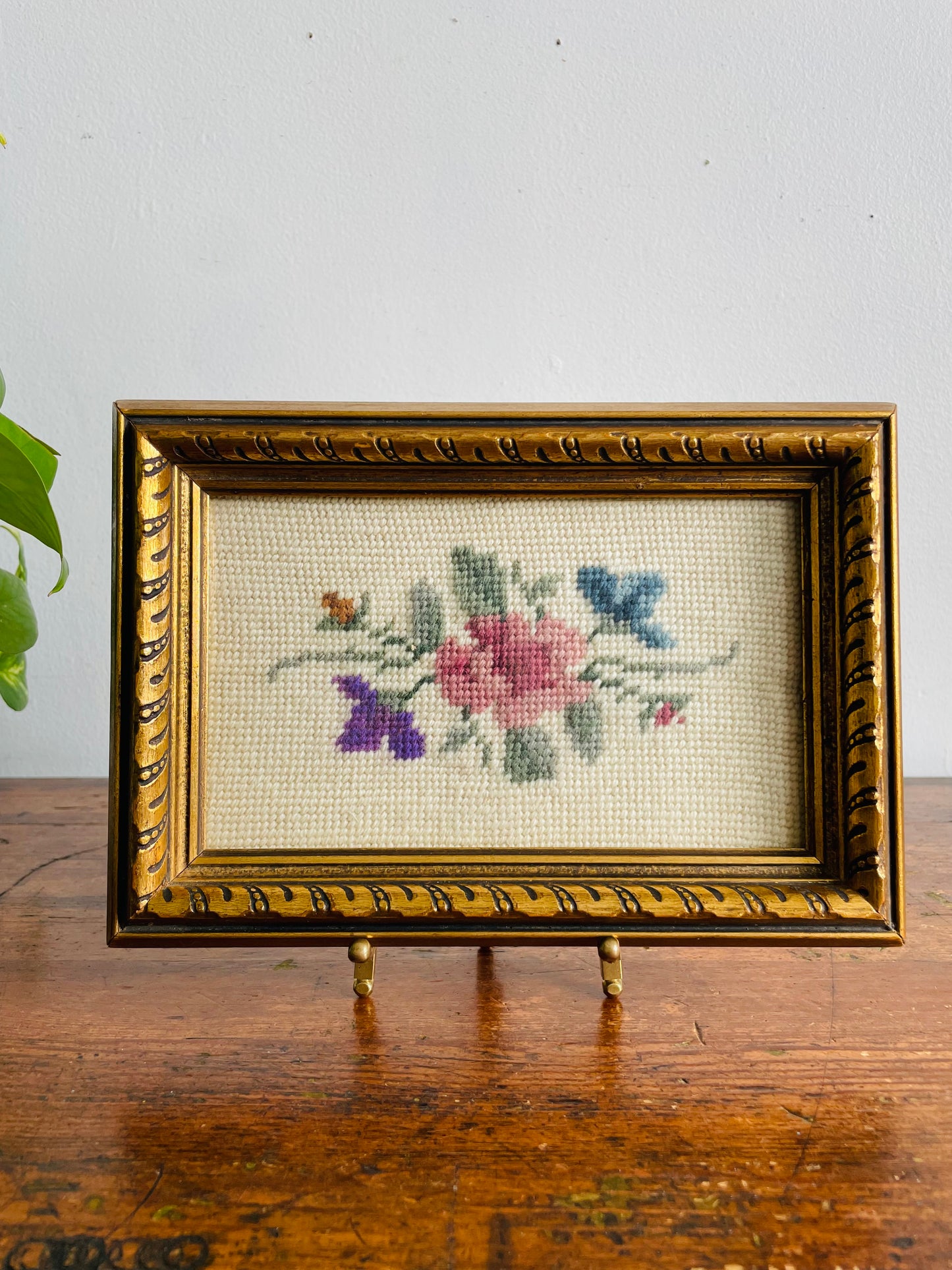 Vintage 1932 Floral Needlepoint Embroidery Picture in Gold Frame - Made by Babs in Regina Saskatchewan