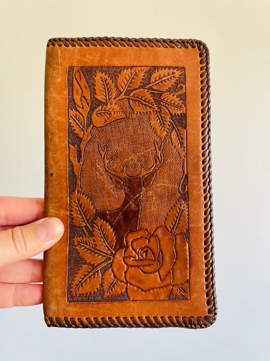Tooled Leather Wallet with Flowers & Stag Deer Design