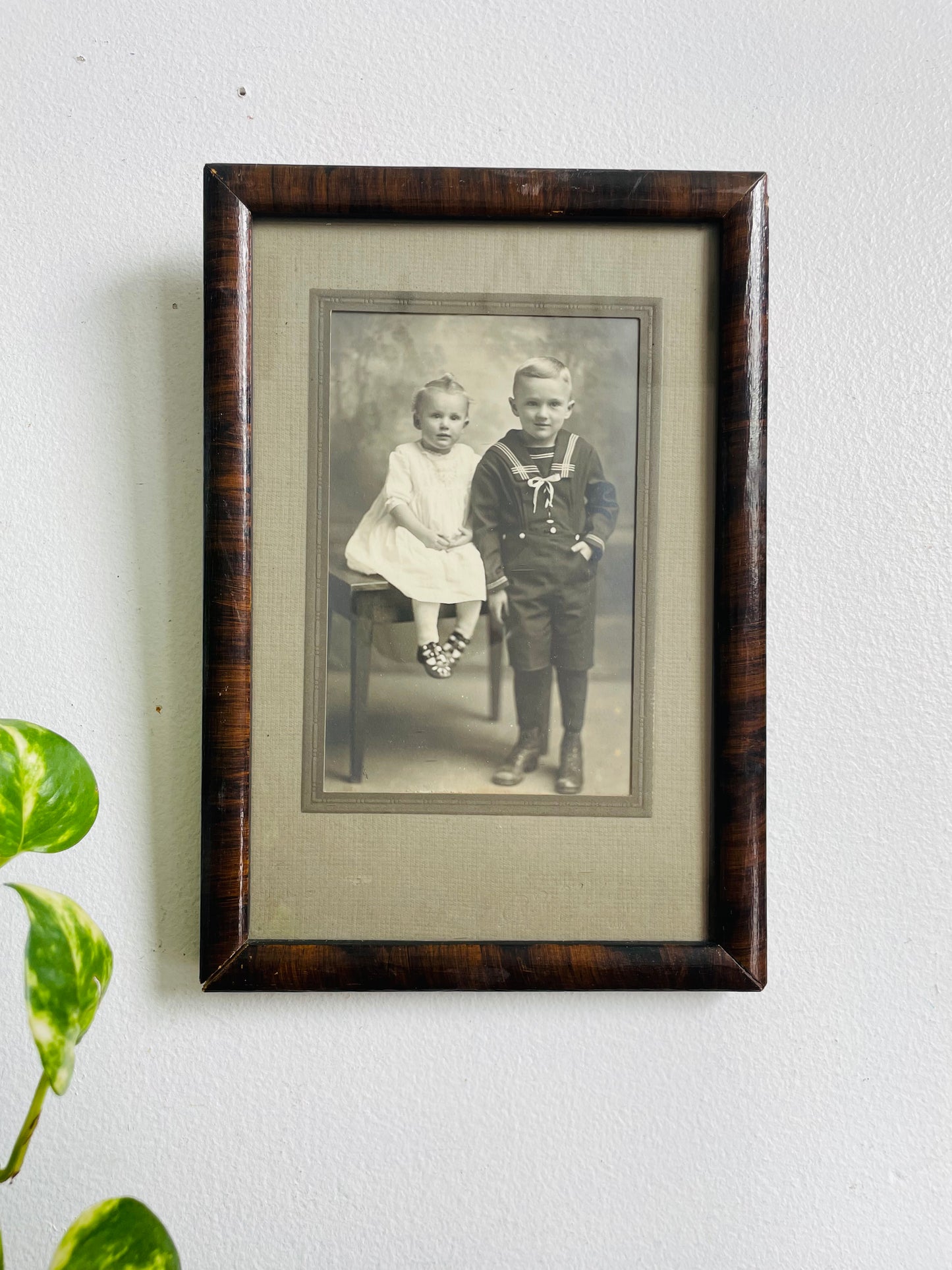 Antique Black & White Photograph of Victorian Era Children in Wood Frame with Mat - Girl in White Dress & Boy in Sailor Suit