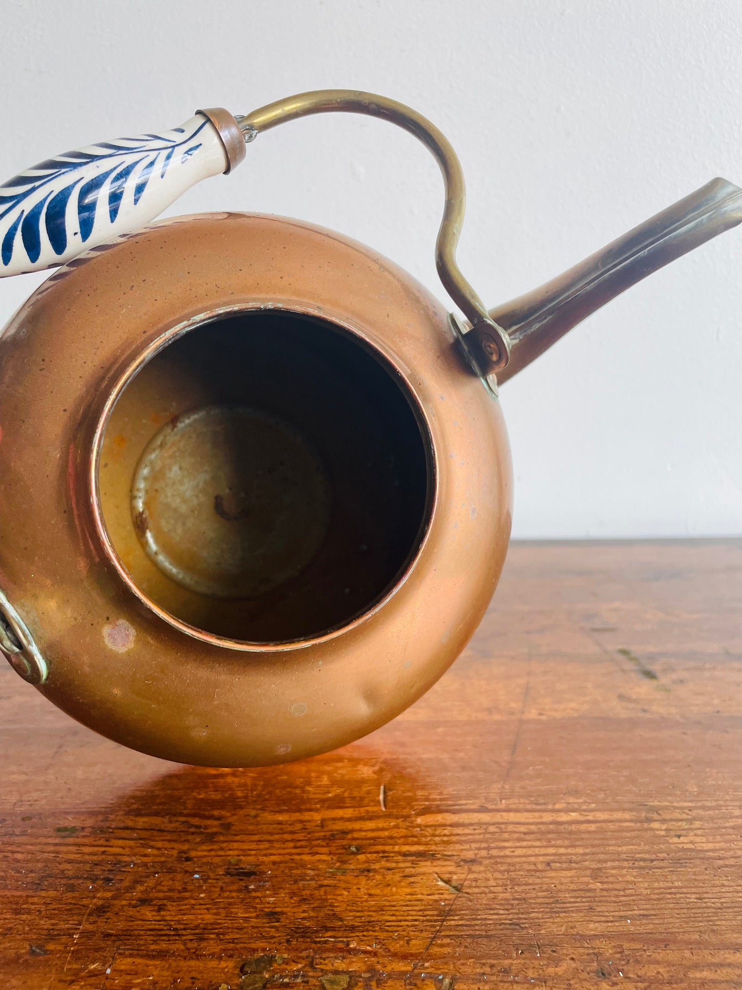 Copper Kettle with Blue & White Ceramic Handle