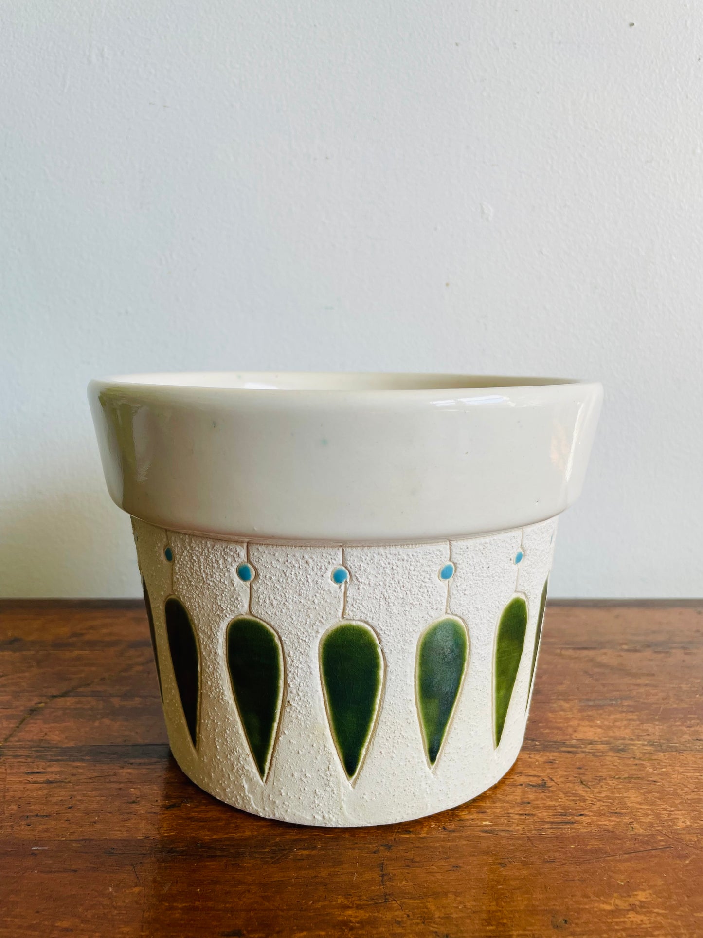 Vintage Mid-Century Modern 7" Textured White Planter Pot with Green & Blue Design