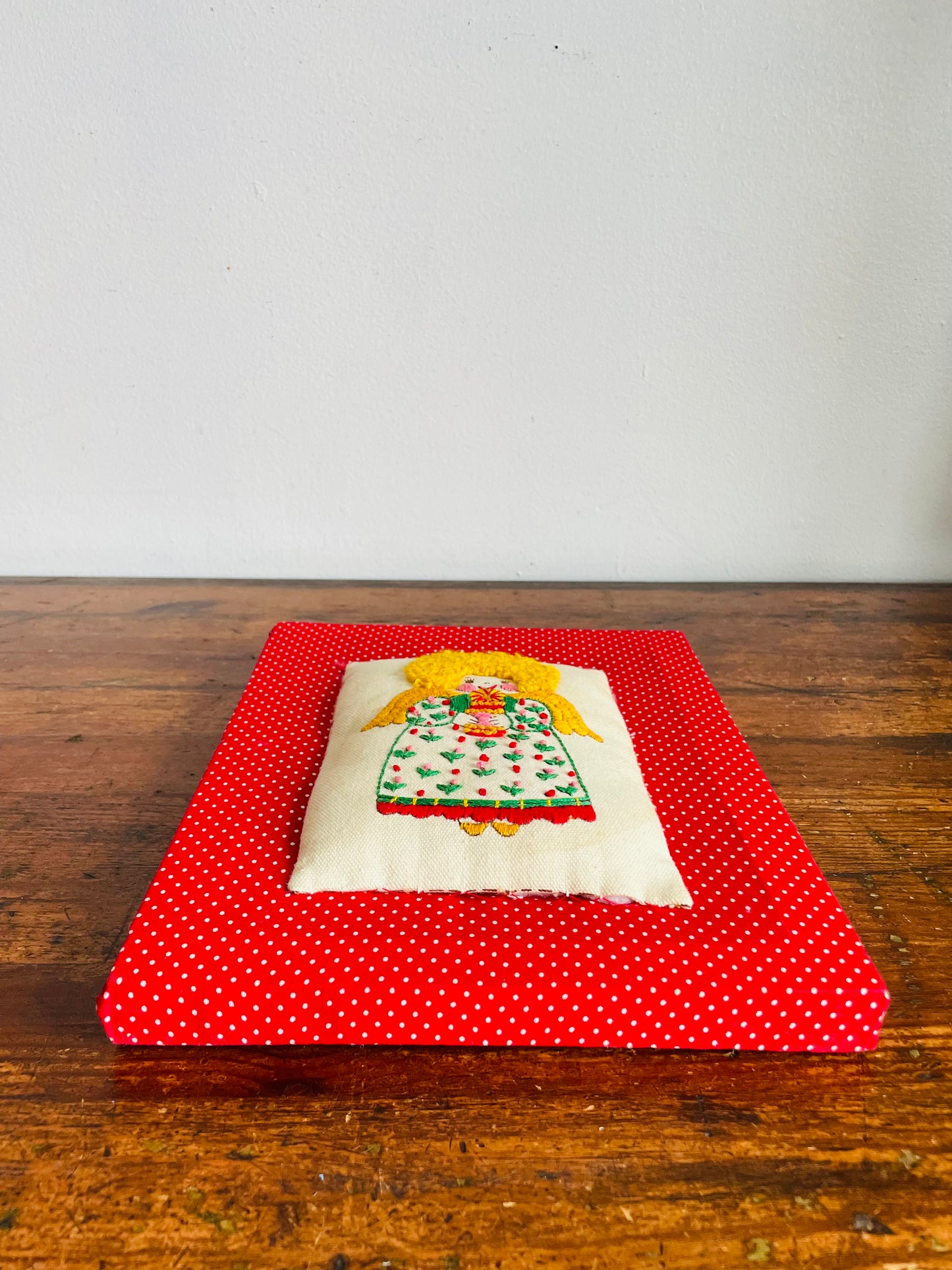 Vintage Adorable Crewel Embroidery Stuffed Fabric Picture of Little Girl Christmas Angel