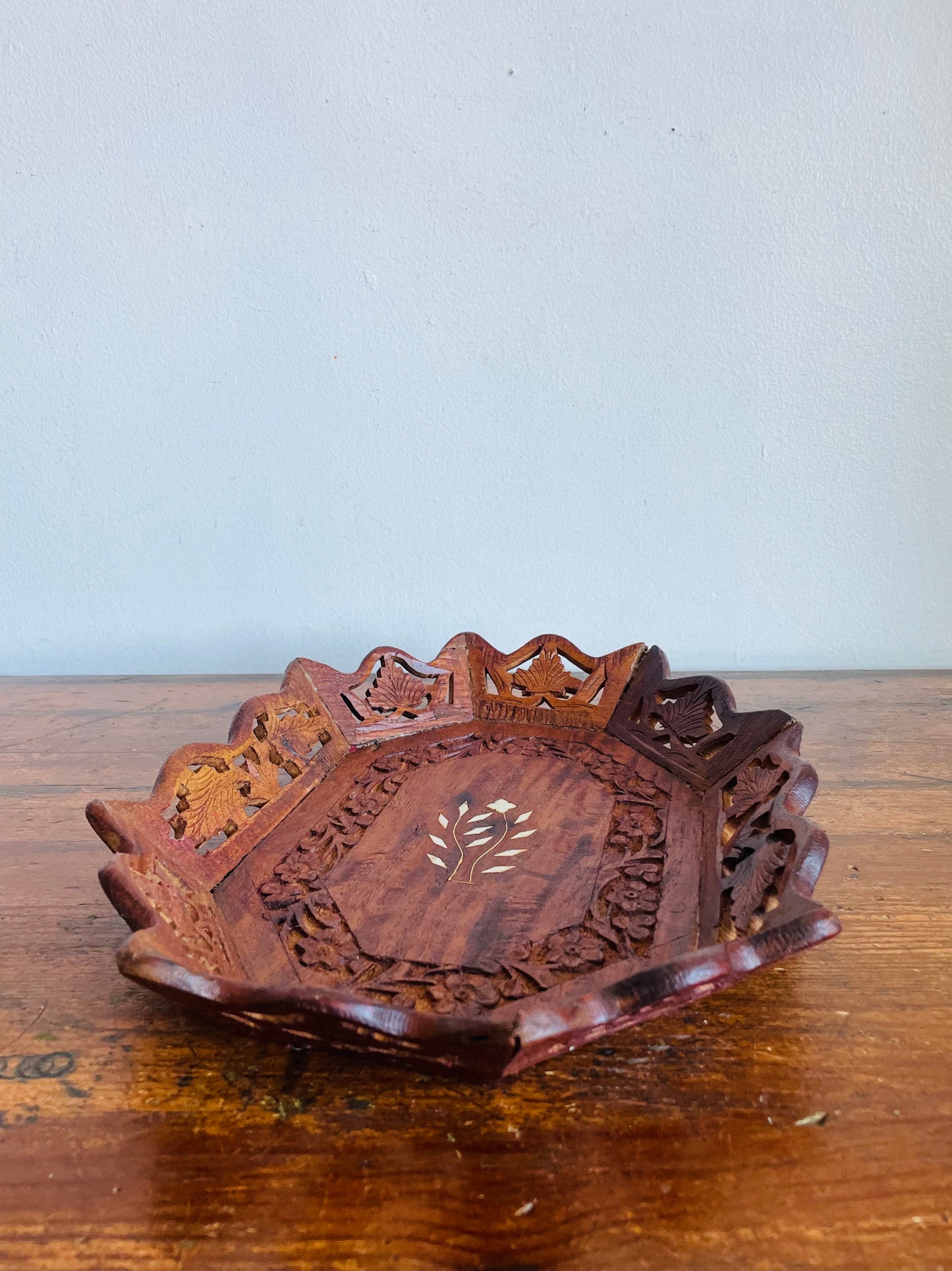 Vintage Carved Indian Rosewood Tray Dish with Inlay Design - Vanity, Bathroom, Jewellery, Candle, Etc.