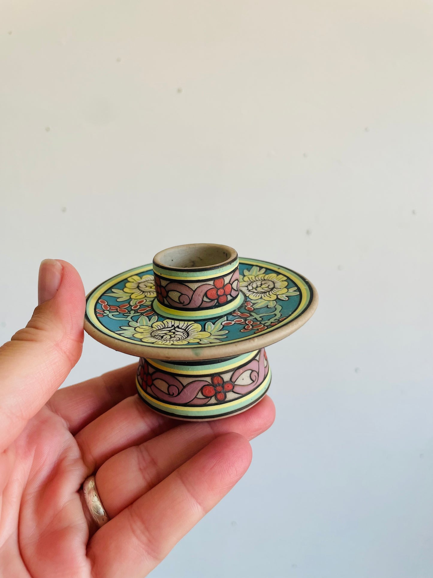 Vintage Baan Celadon Chiang Mai Pottery Candle Holder with Beautiful Flower Design - Made in Thailand