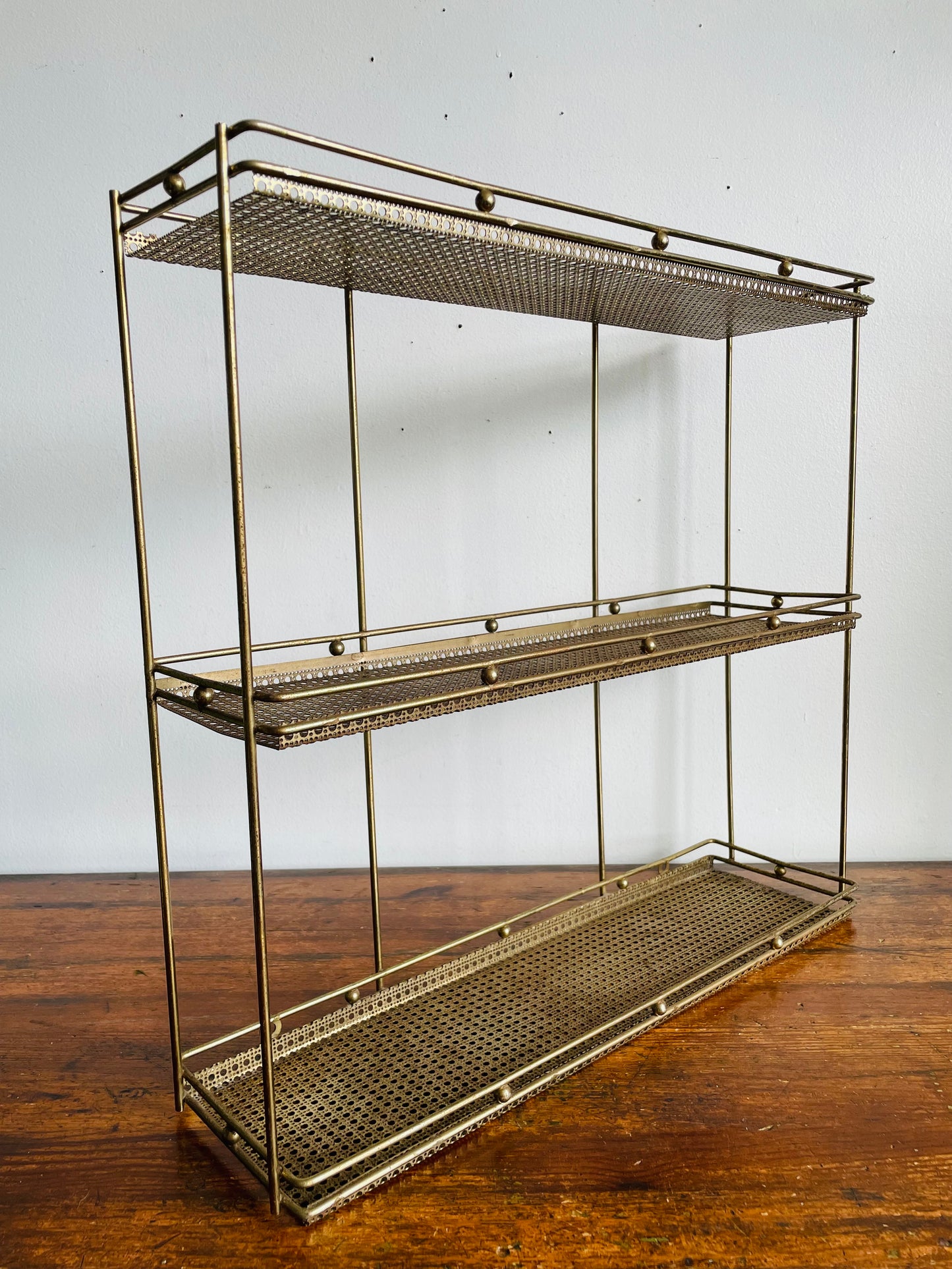 Vintage Gold Toned Metal & Brass Wall Hanging Shelf with Openwork Grill Design & Raised Edges - 3 Shelves- No Shipping