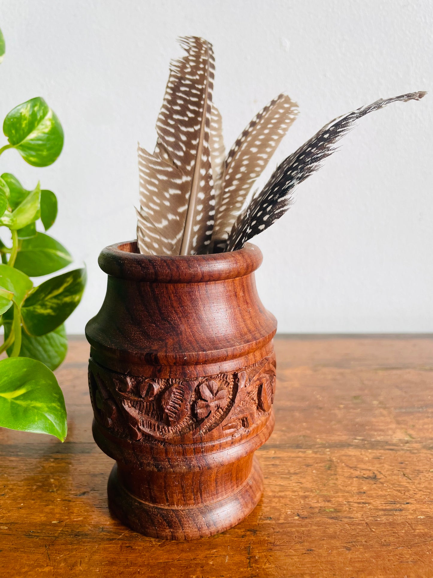 Vintage Carved Indian Rosewood / Sheesham Wood Cup Holder or Bud Vase - Great for Incense, Makeup Brushes, Dried Flowers, Pencils, Etc.
