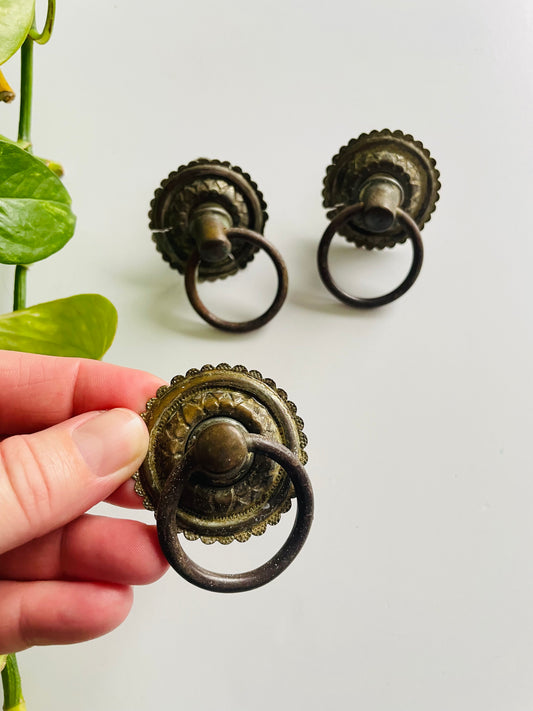 Antique Victorian Tin & Brass Drawer Pull Ring Handles - Set of 3 - As Found