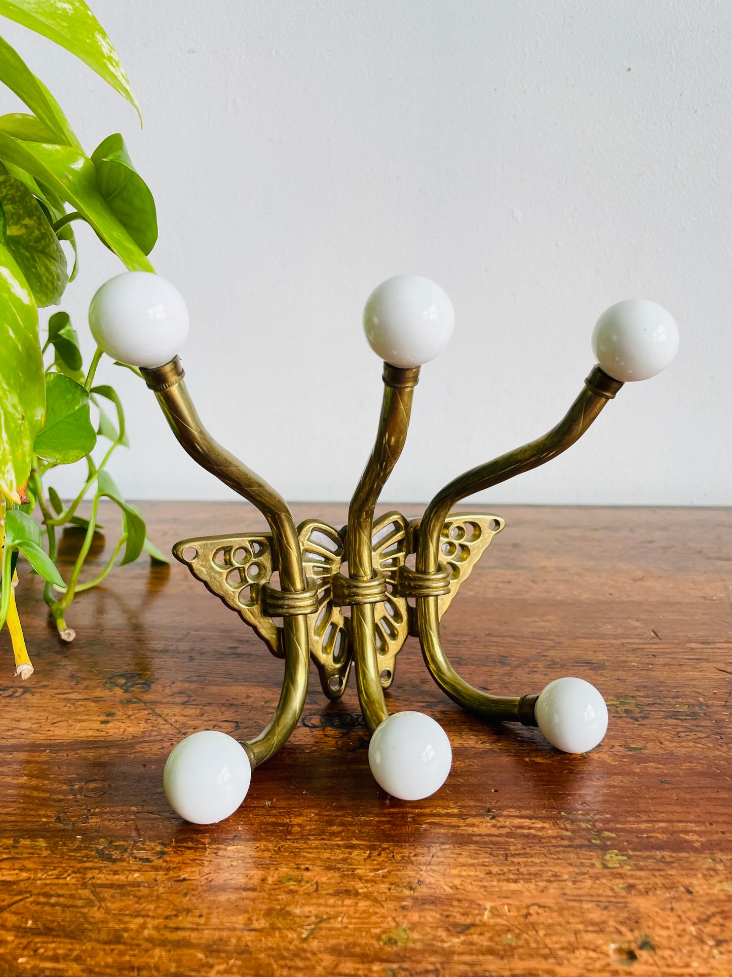 Vintage Brass & Ceramic Butterfly Wall Hook Hanger with 6 Hooks & Hanging Hardware - As Is
