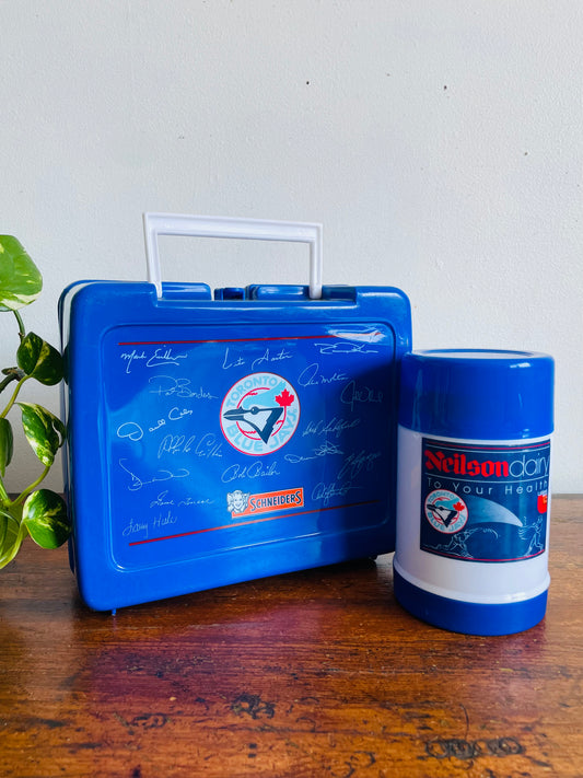 Vintage 1990s Promotional Toronto Blue Jays Baseball Plastic Lunch Box & Thermos - Neilson Dairy, Schneiders & Loblaws - Set of 2 Pieces