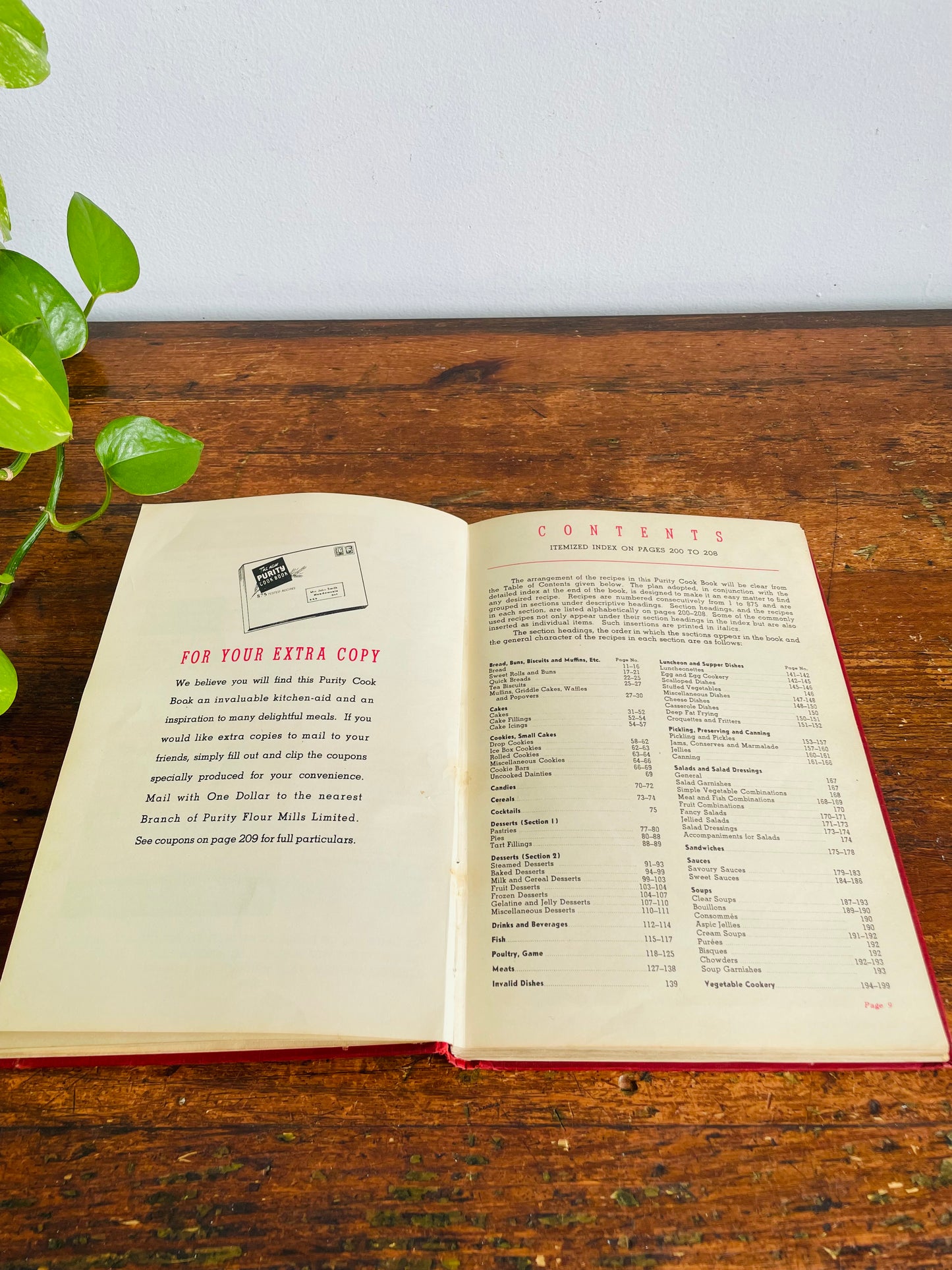 Vintage Purity Cookbook by Purity Flour Mills - Red Hardcover Book - 875 Tested Recipes (1945) Revised Wartime Ration Edition for WW2