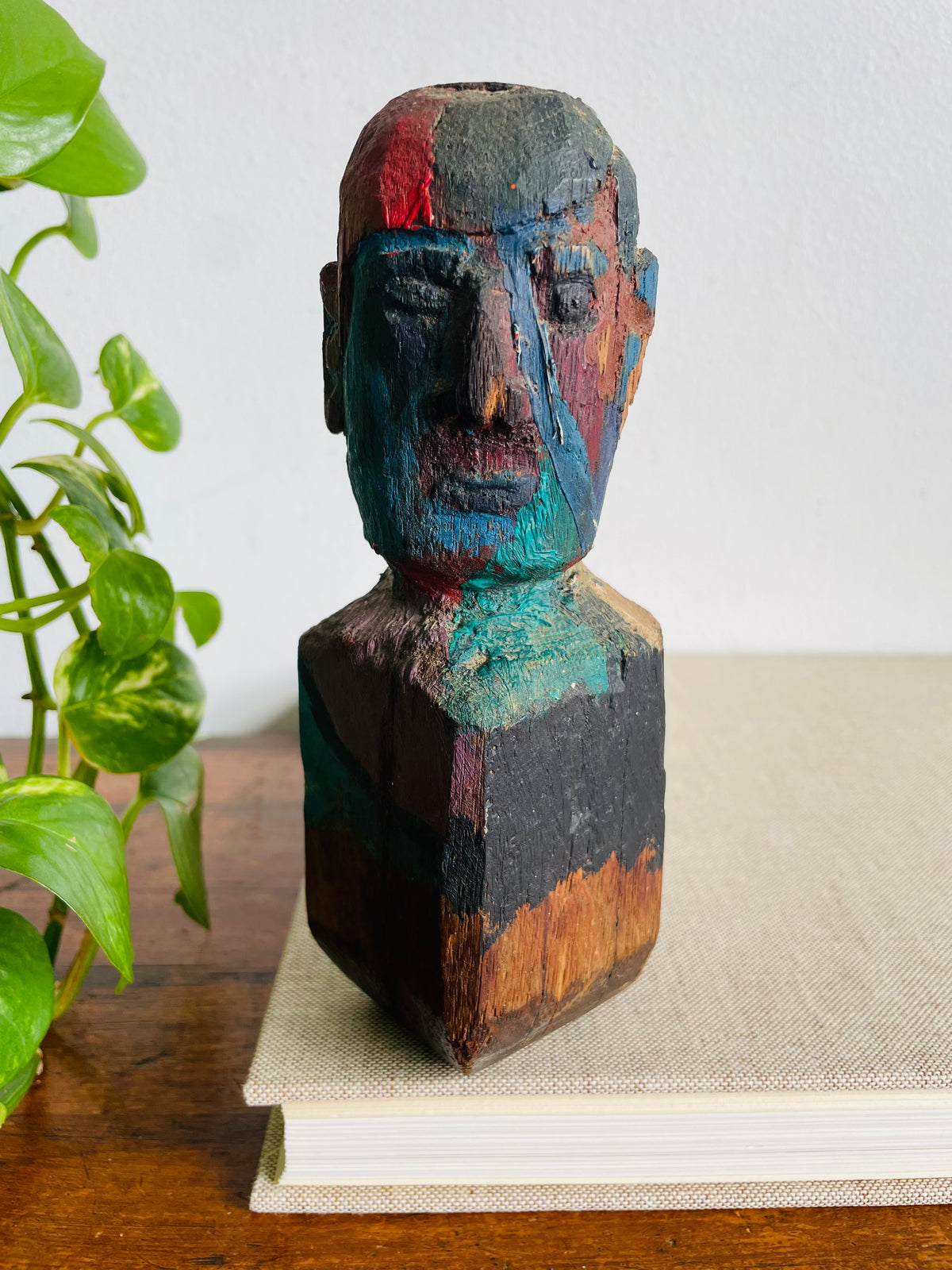 Vintage Hand Carved & Painted Wood Sculptural Head Figure Candle Holder - Found in the Workshop of Fort Erie Artist Estate