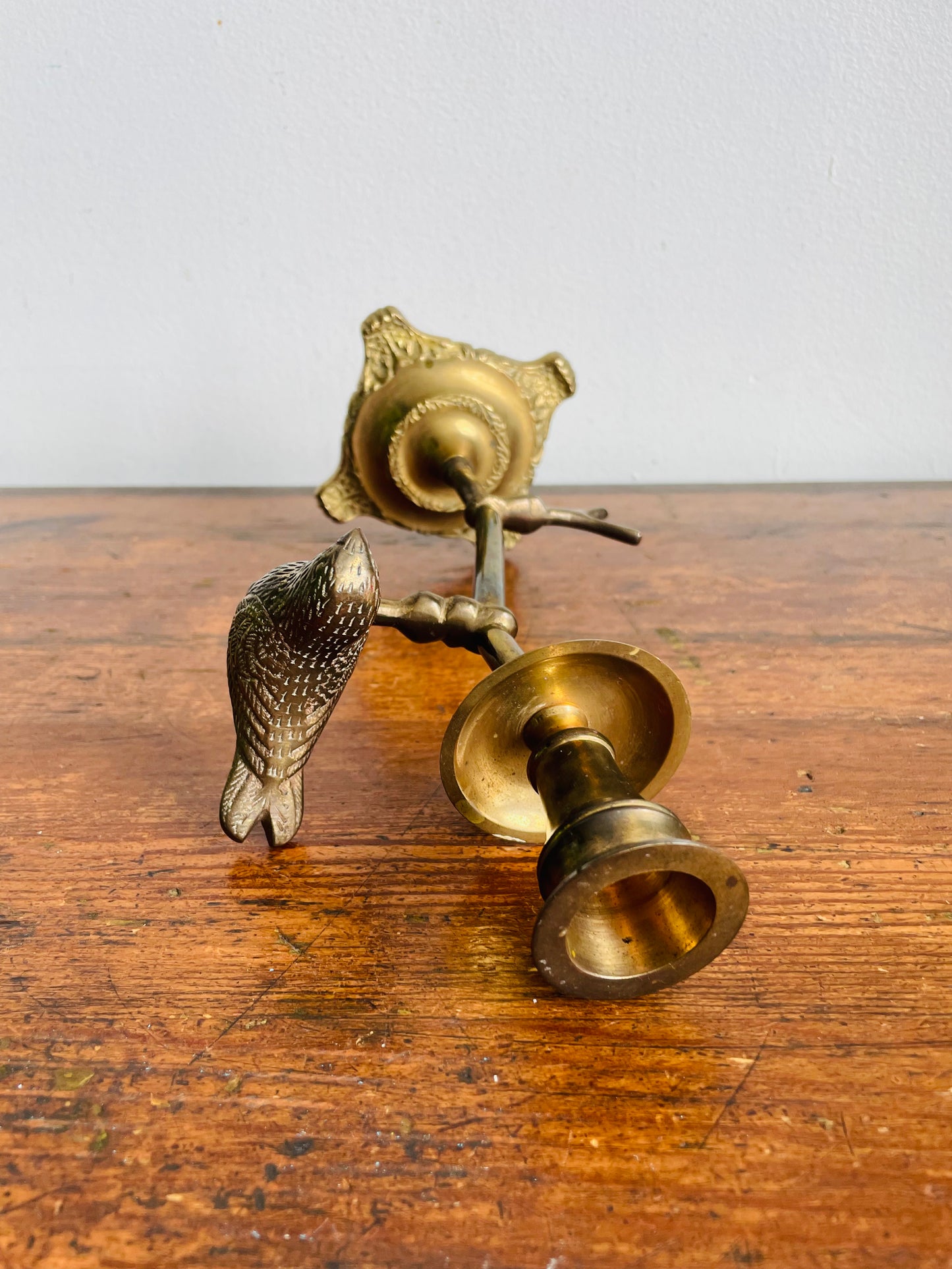 Vintage Solid & Heavy Brass Candle Holder with Branches & Perched Bird on Ornate Footed Base