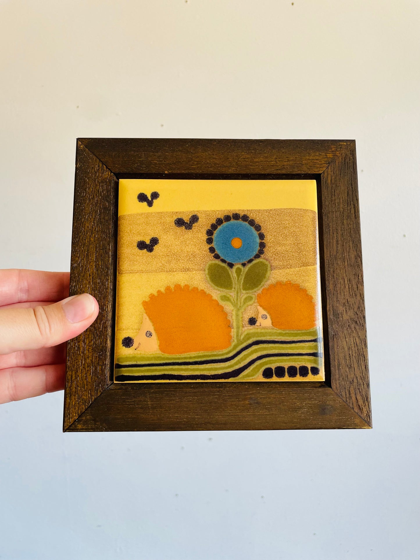 Vintage 1970s KMK Manuell German Hand Painted Studio Art Pottery Wall Hanging Tile Art in Wood Frame with Adorable & Bright Hedgehog & Flower Design