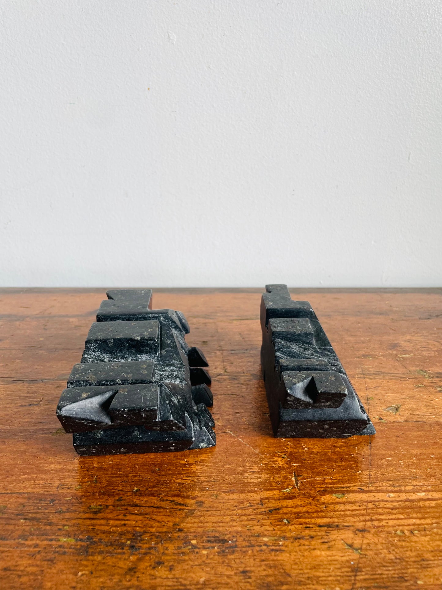 Vintage Carved Soapstone Bookends with Futuristic Abstract Design - Set of 2