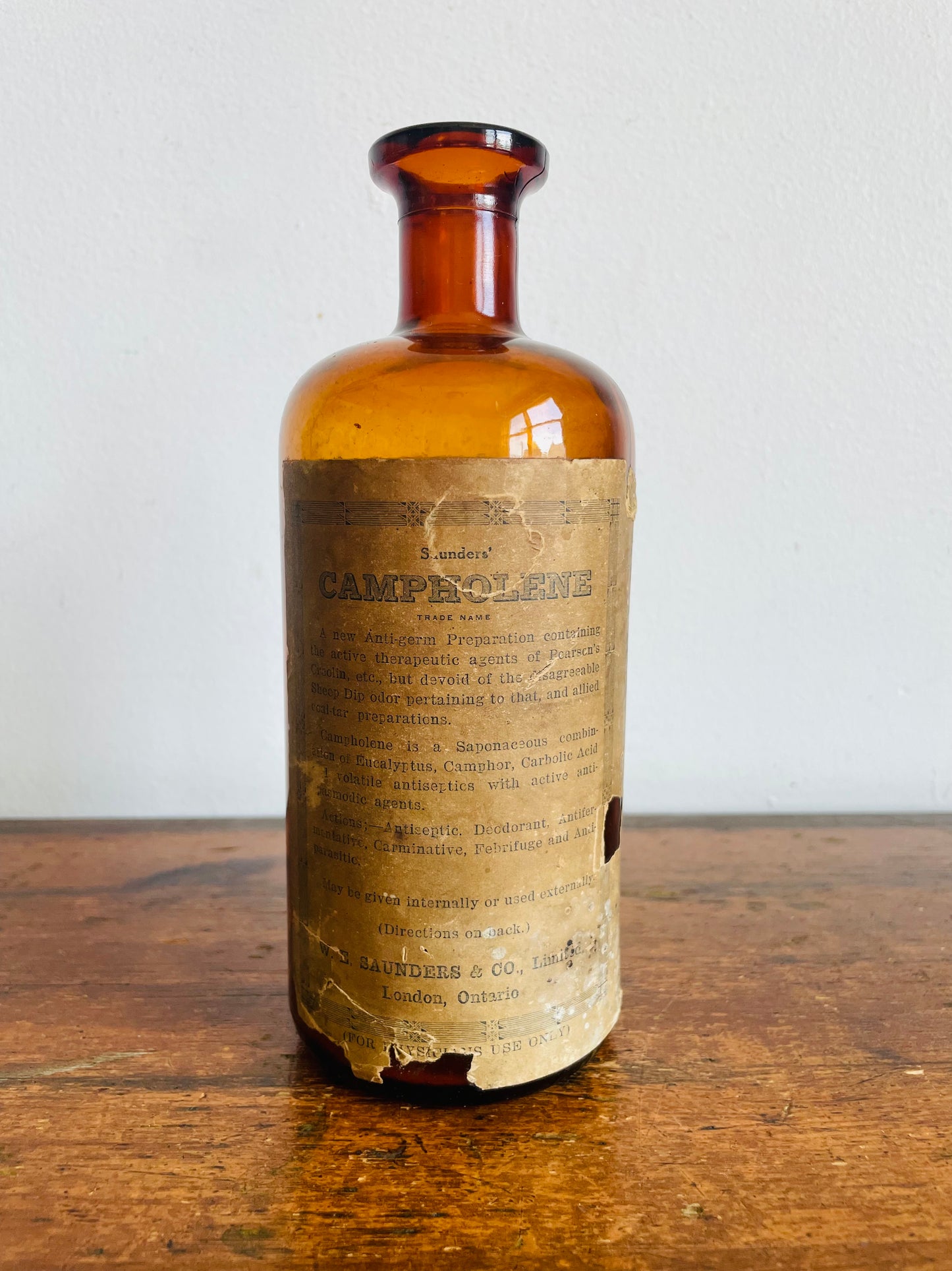 Vintage Pre-1930 / Antique Pharmacy Apothecary Amber Glass Bottle - Saunders' Campholene - W.E. Saunders & Co. London, Ontario