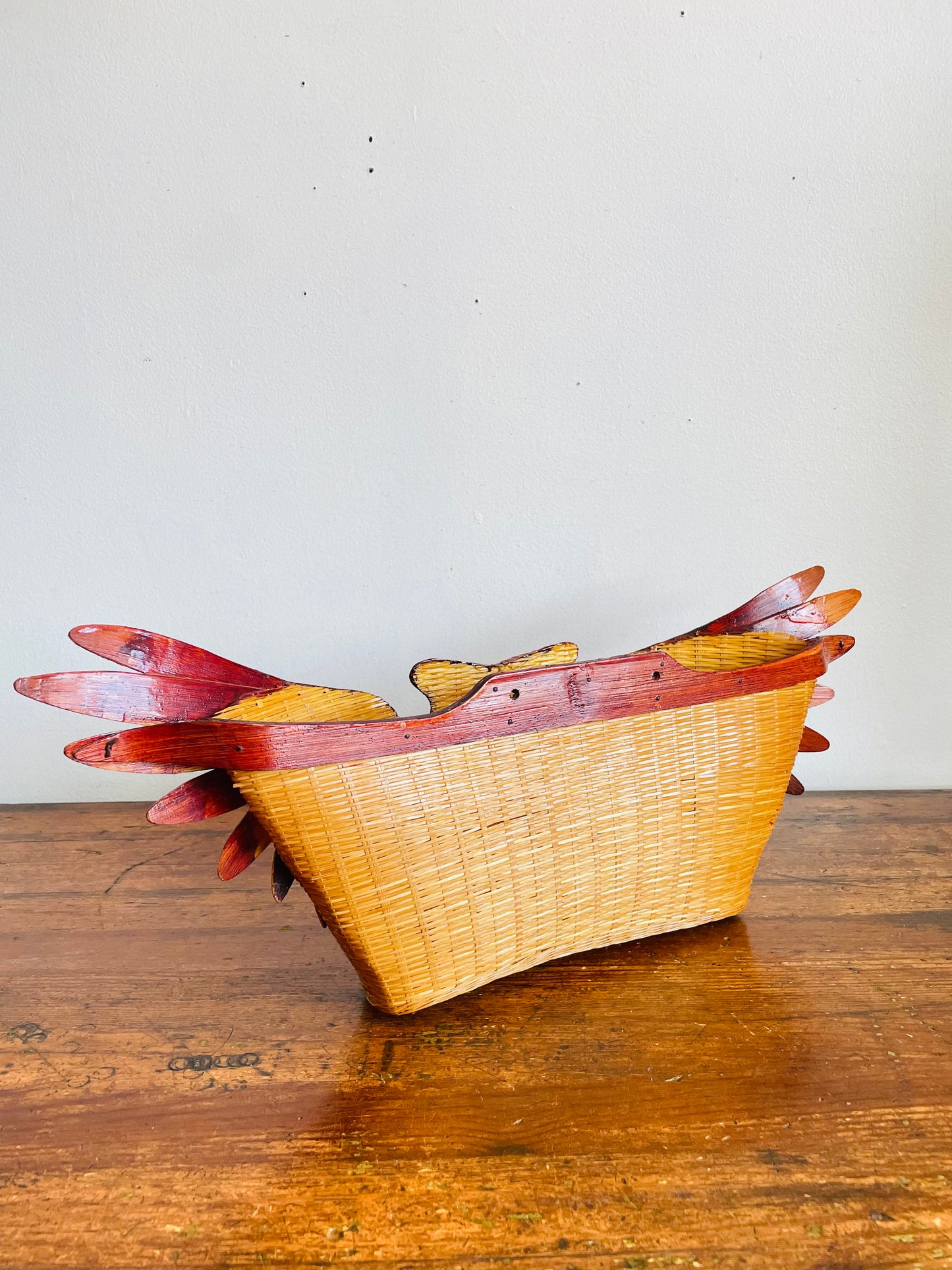 Vintage 1970s Wicker Wood Owl Wall Pocket Basket - Can Stand or Hang on Wall - 20.5" Wingspan - No Shipping