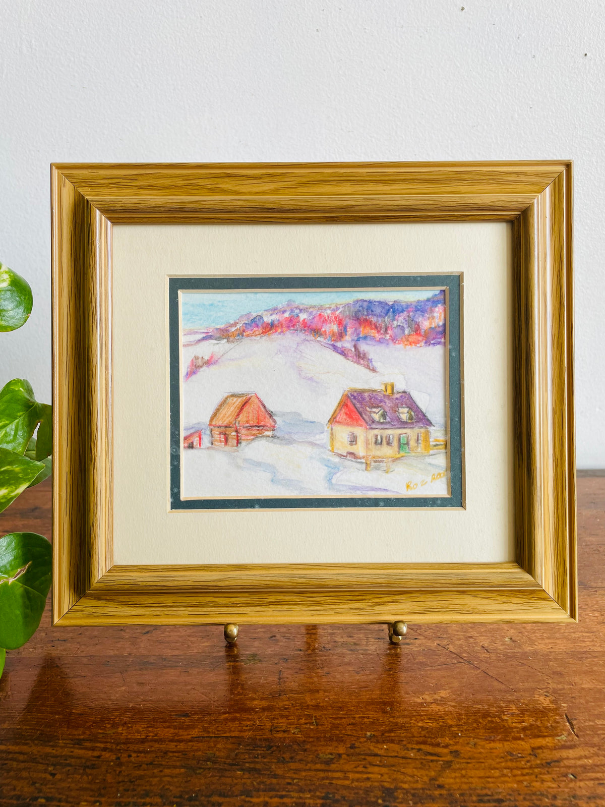 Vintage 2000 Original Art Watercolour Painting of Winter Forest & Houses in Snow Scene - Artist Signed Roz