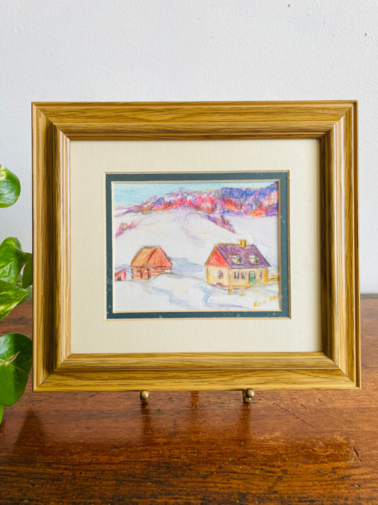 Vintage 2000 Original Art Watercolour Painting of Winter Forest & Houses in Snow Scene - Artist Signed Roz