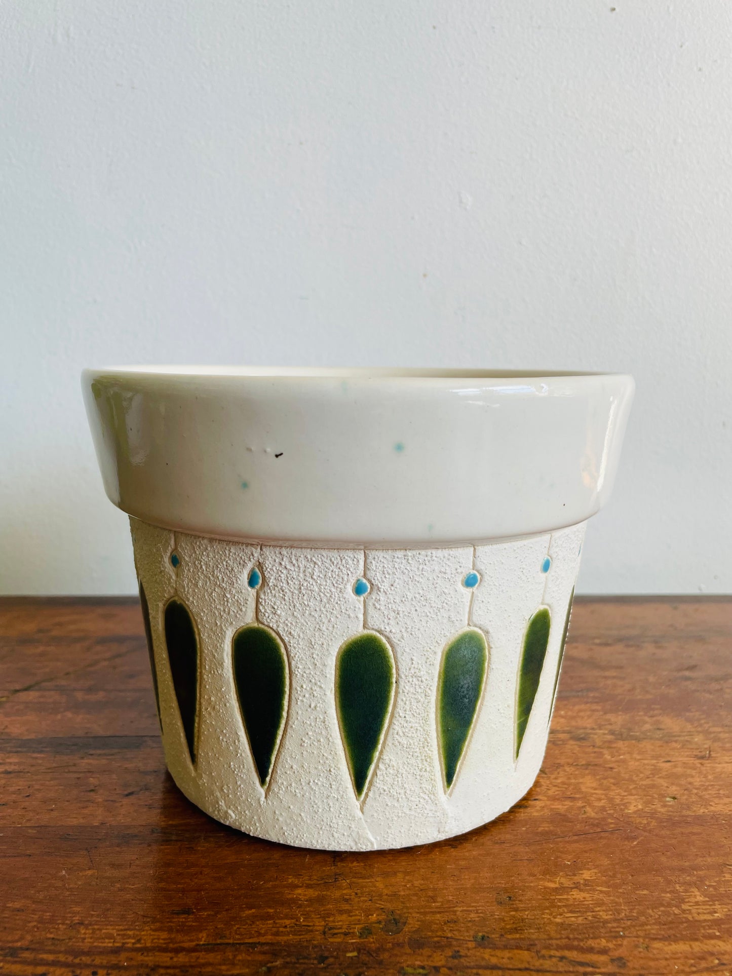 Vintage Mid-Century Modern 7" Textured White Planter Pot with Green & Blue Design